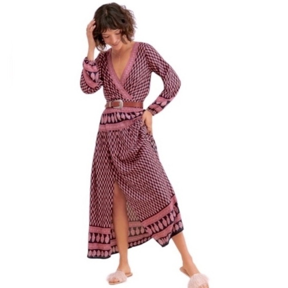 Anthropologie Raga Pink/Navy Avah Print Split Front Long Sleeve Maxi Dress - Picture 3 of 11